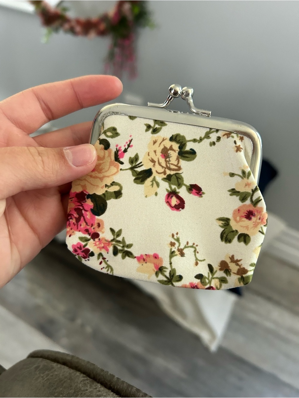 4/$50 Floral Kiss-Lock Coin Purse - Cream with Pink Roses